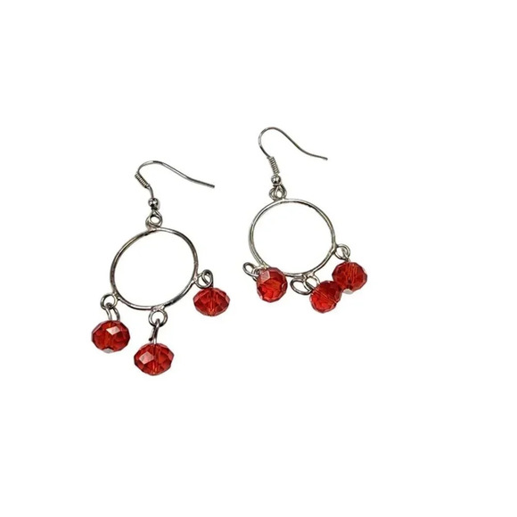 Vintage 60s-70s Red Faceted Beaded Charm Circle Dangle Hook Earring Silver Tone - Picture 1 of 1